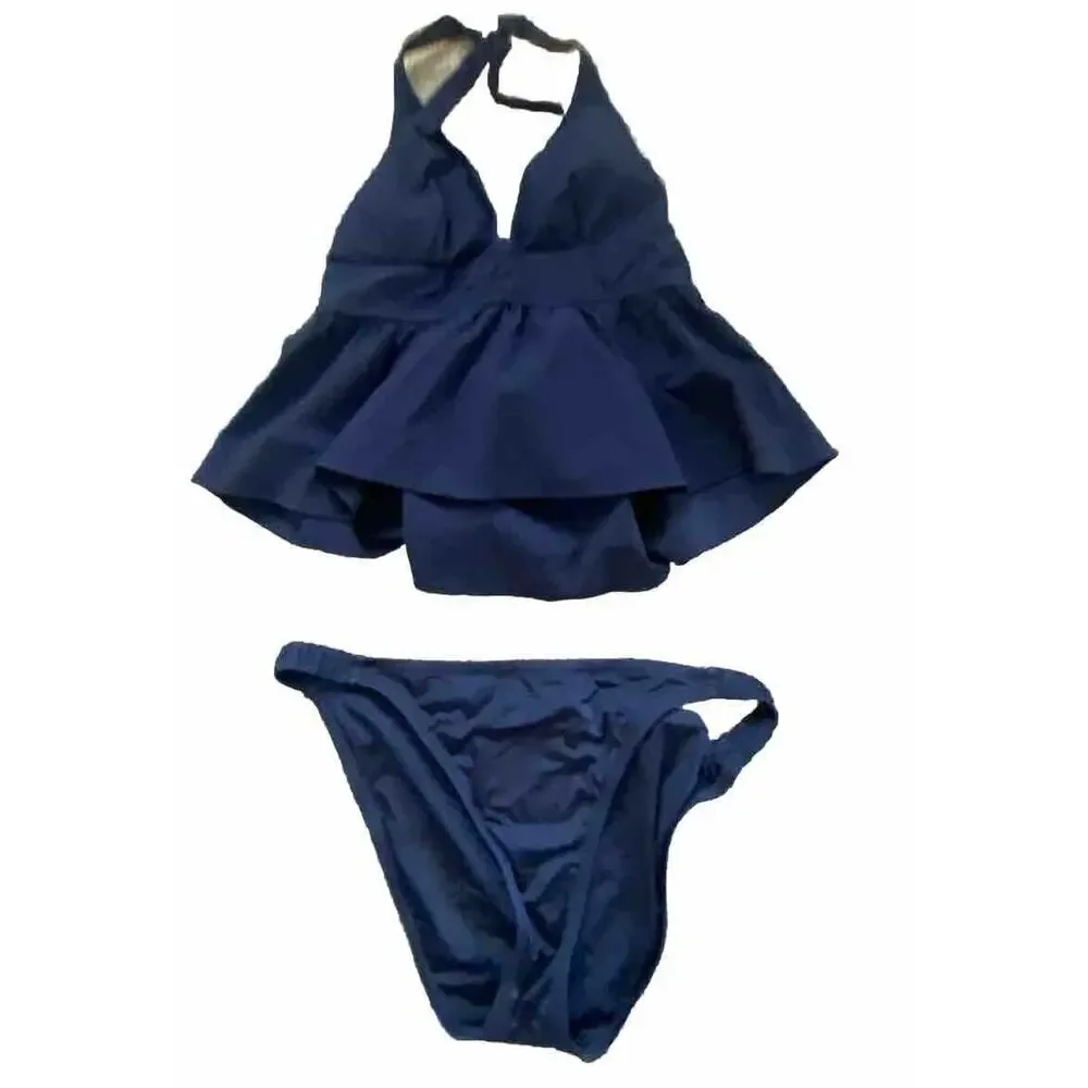 New J.Crew Navy‎ Ruffled 2-pc Bikini Set Swim Suit Tank Top w Bikini Bottom MED